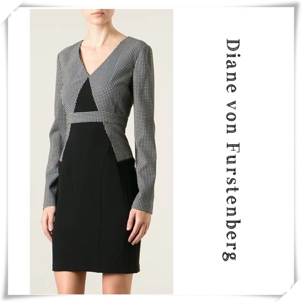 Diane von Furstenberg DVF Natasha Line Print Long Sleeve Dress Black Size 8